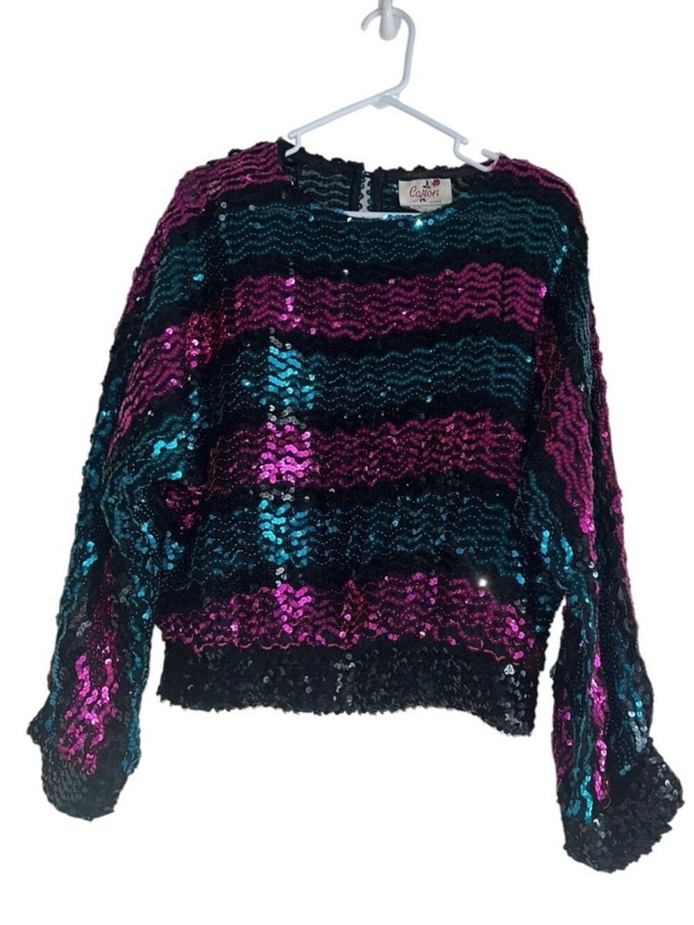 VTG Caron Of Chicago Womens Sequin Top Sz 16 Teal Pink Glam Rock Holiday Party